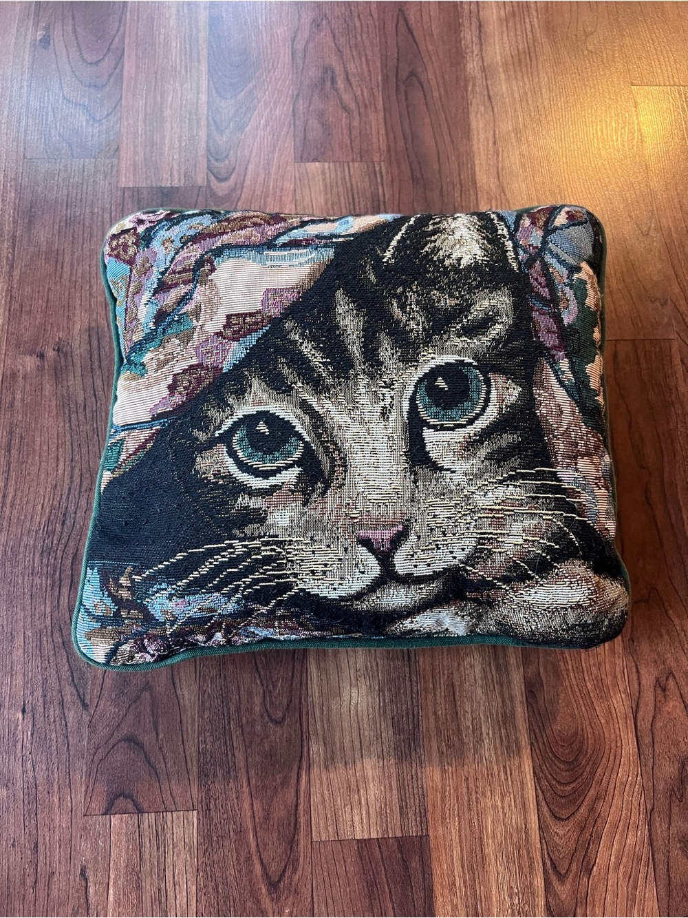 Cat Tapestry Throw Pillow Woven Floral Cottagecore Green 12.5x10.5”